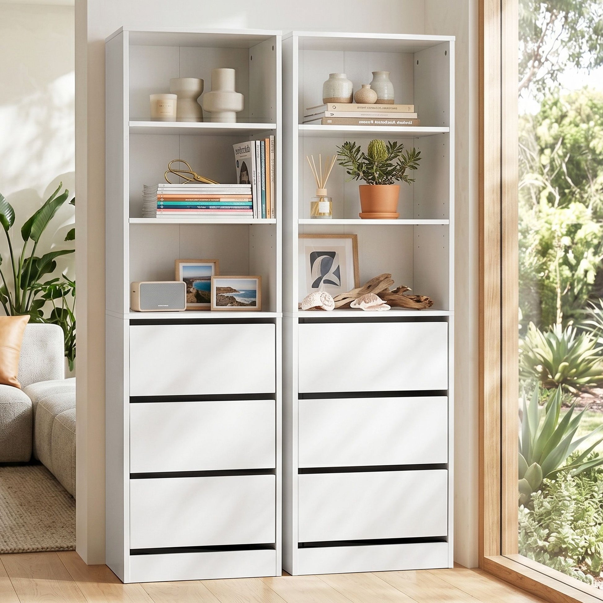 White 2-piece tallboy chest of drawers set with 3 drawers and adjustable shelves