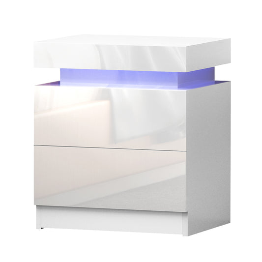 Bedside Table With LED x2 Drawers Lift-up Storage - COLEY White