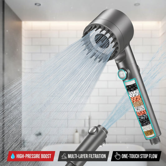 Handheld shower head with multiple spray settings on a white background