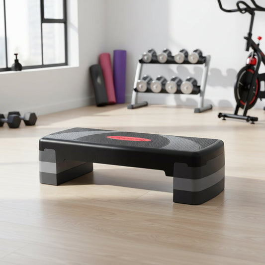 Step platform with black and gray design on a white background