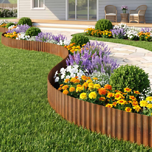 Decorative metal garden border with colorful flowers in a garden setting.