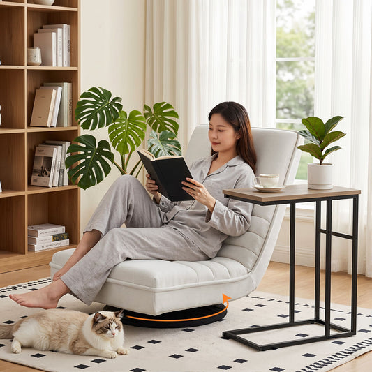White swivel floor lounge with walnut C-shaped side table set