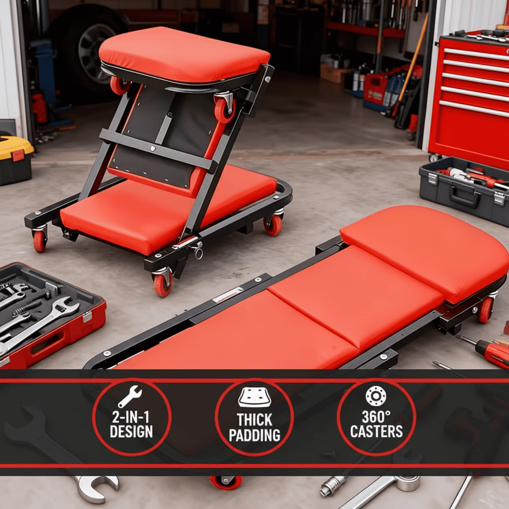 Foldable 2-in-1 Garage Creeper and Mechanic Seat, Adjustable Height, Red