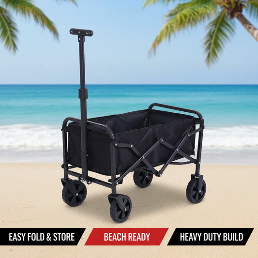 Black folding wagon with wheels on a white background