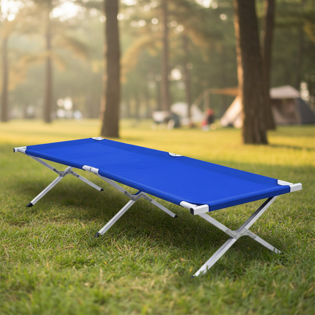 Blue folding cot on a white background