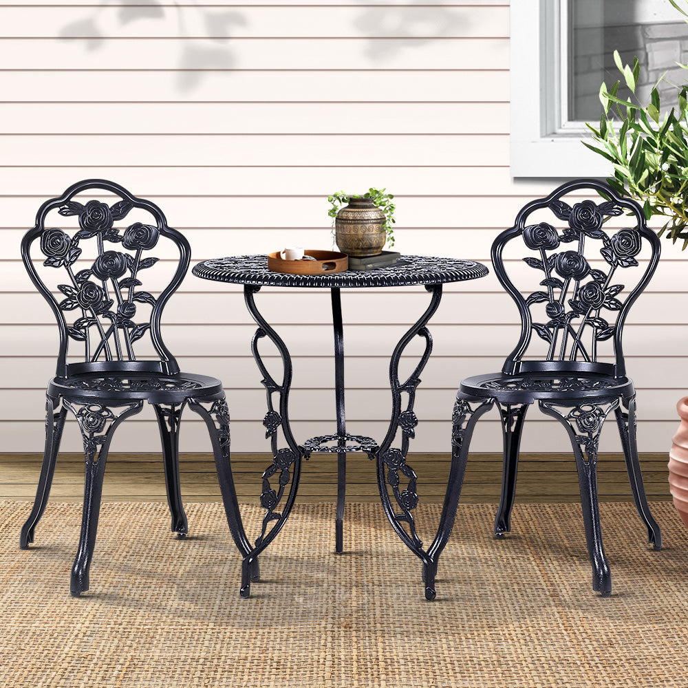 3-piece outdoor bistro set with cast aluminium chairs and table in rose black