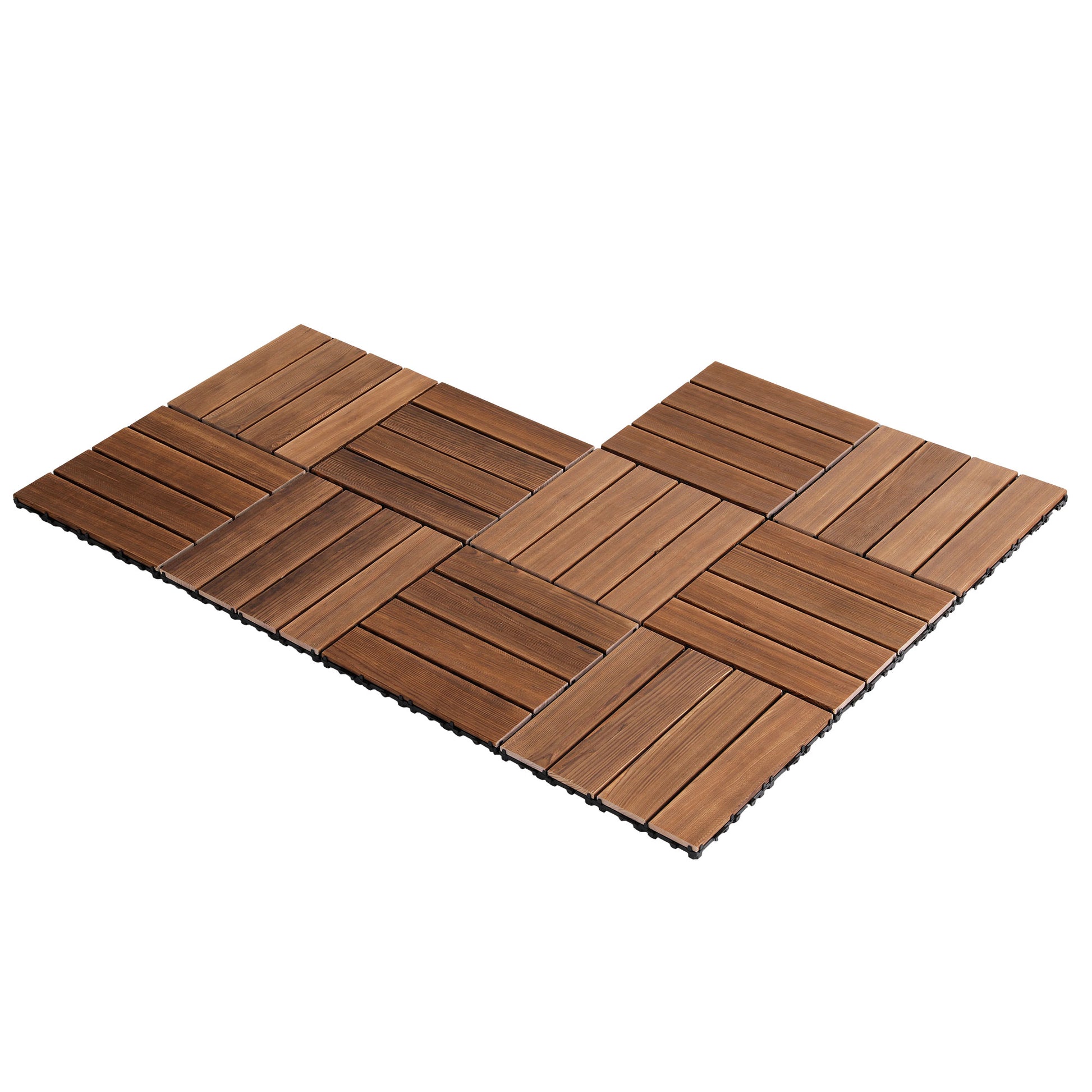 Wood deck tile underside with drainage base