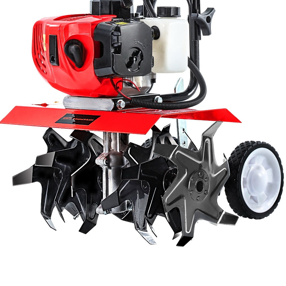 Six blades with hardened steel tines on the tiller