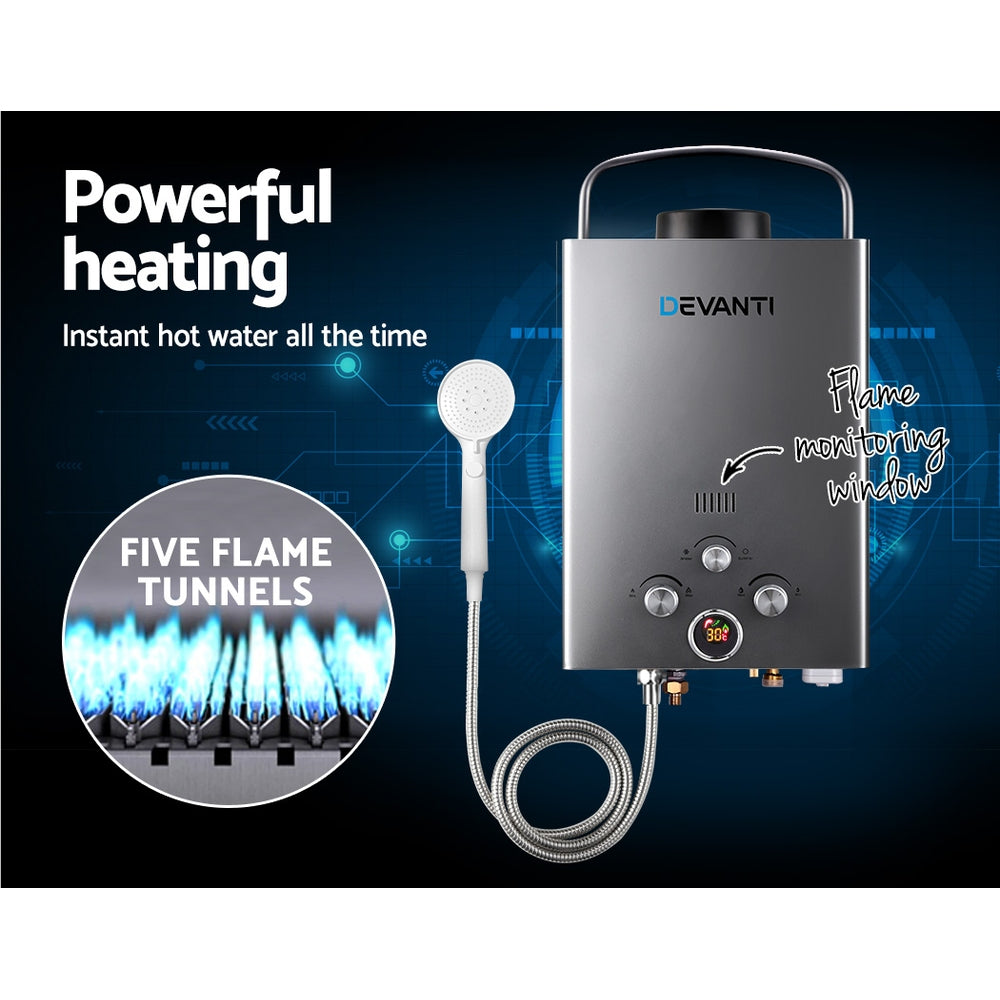 Portable gas water heater set up for a camping shower