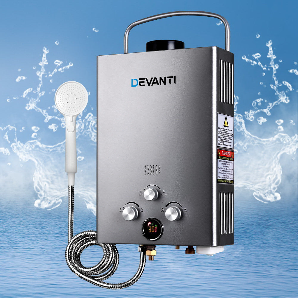 Grey portable gas water heater with pump specifications