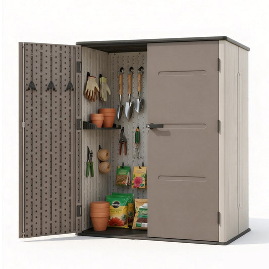 Garden storage shed with tools and supplies on a white background