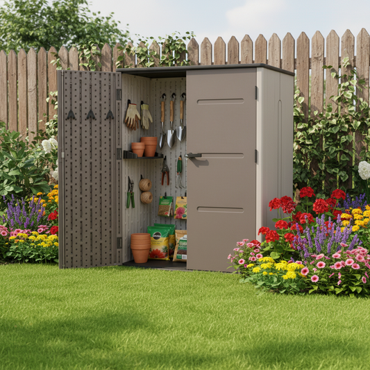 Resin Garden Shed | 1.43x0.77x1.75m| HDPE Outdoor Storage with Plastic Floor & Lockable Doors, Grey