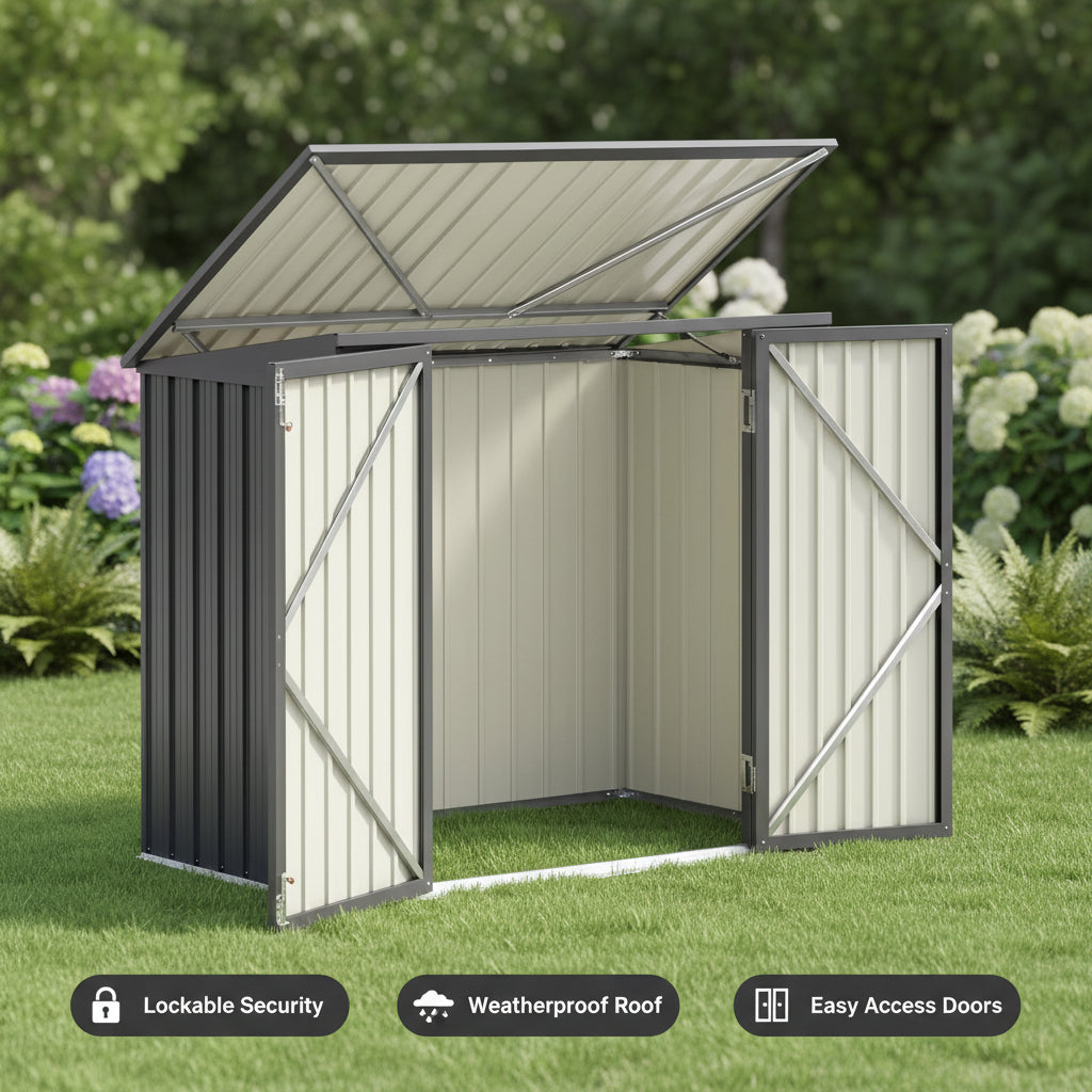 Metal storage shed with open doors on a white background
