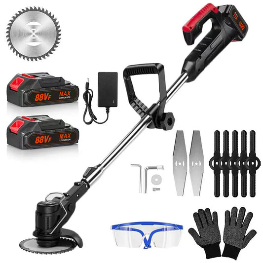 Gardening tool set with battery, charger, and accessories on a white background