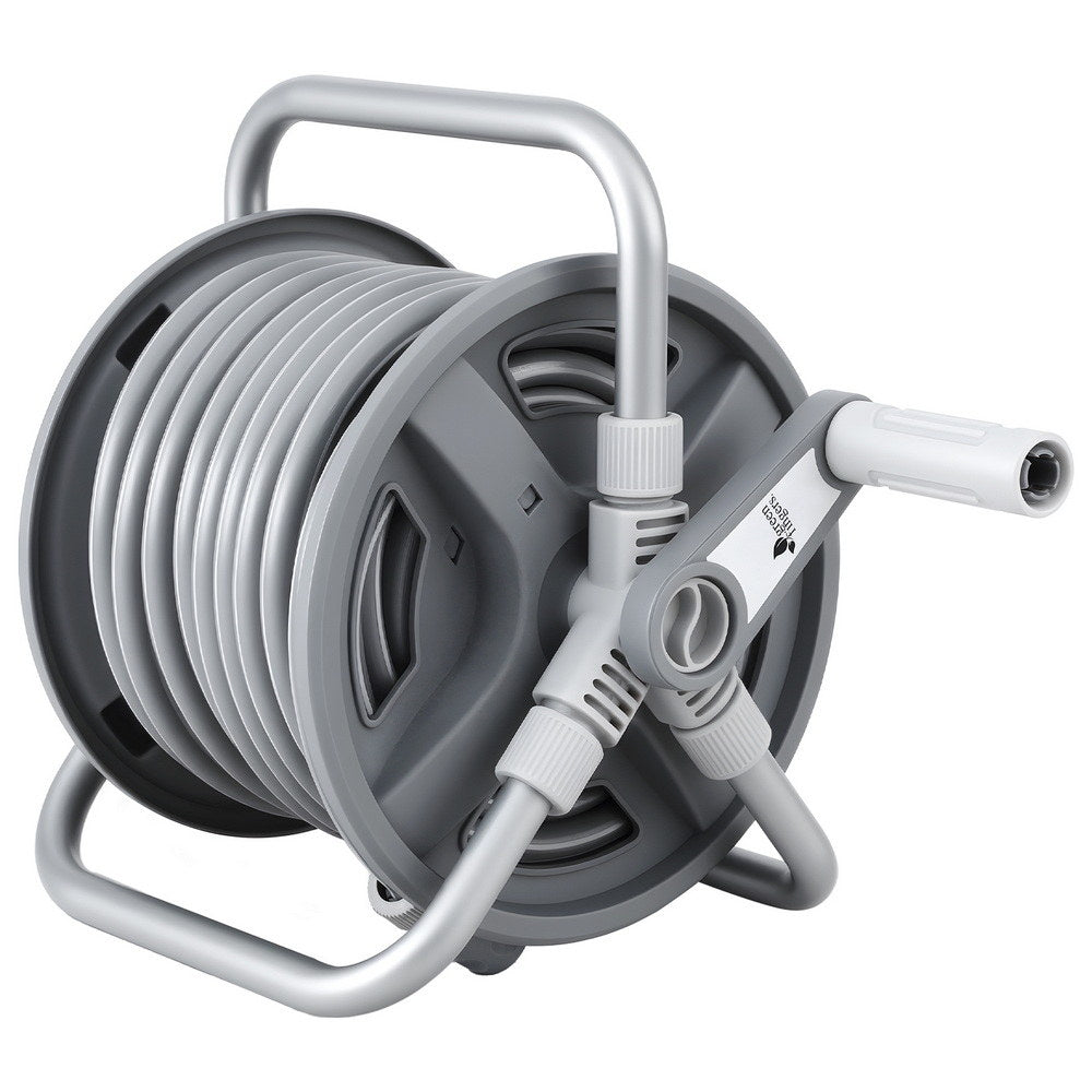 20m retractable garden hose reel in grey with spray gun