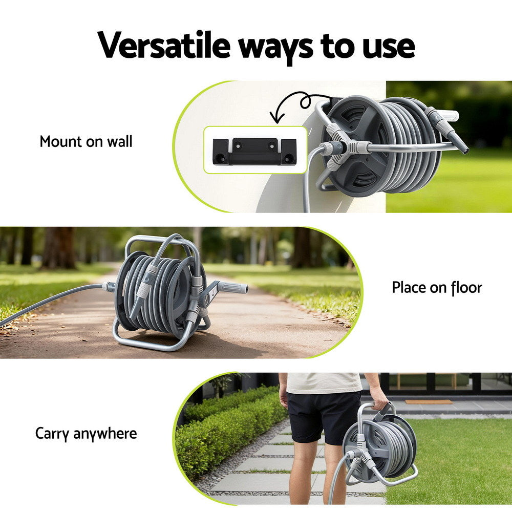 Garden hose reel mounted to a wall to save space
