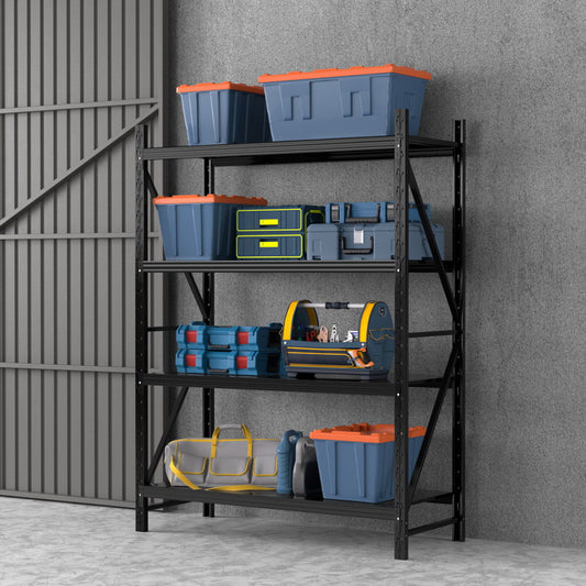 Storage rack with blue and orange storage bins and toolboxes against a gray wall.