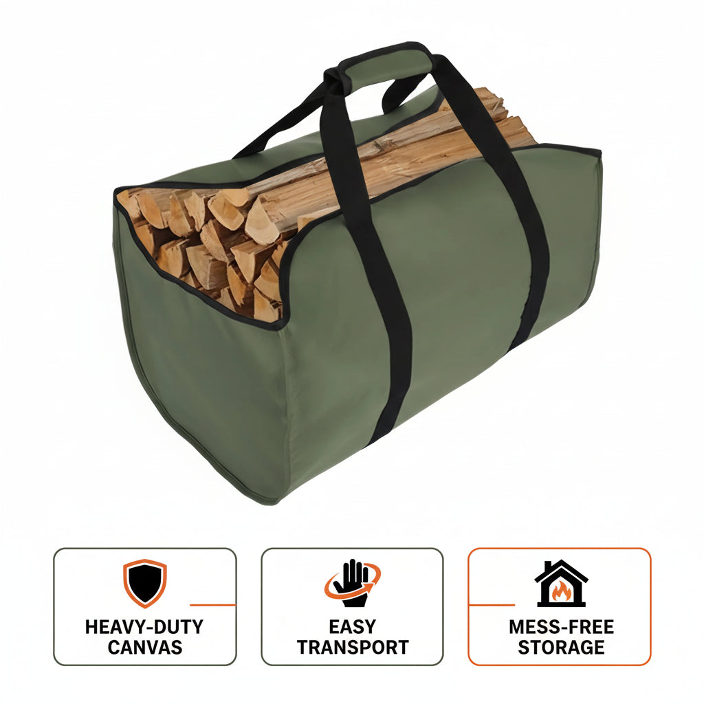 Green carrying bag with black straps holding wooden logs on a white background