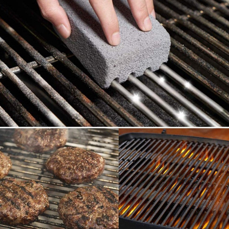 Cleaning a grill with a scrubber, grilling burgers, and glowing coals.