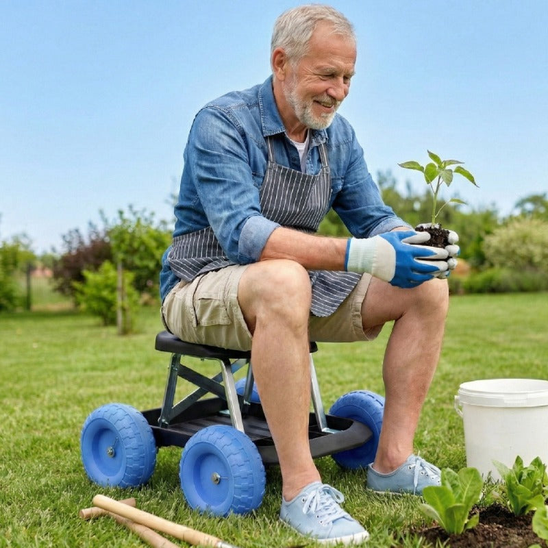 Man sitting on a garden kneeler tool in a garden setting, holding a plant.