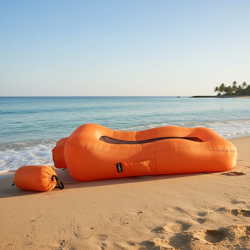 Orange inflatable pillow with carrying strap and dimensions on a white background