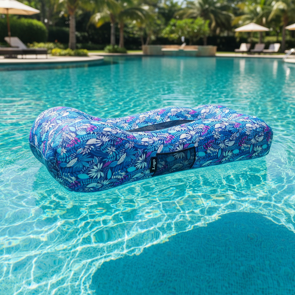 Blue floral-patterned travel bag with measurements on a white background