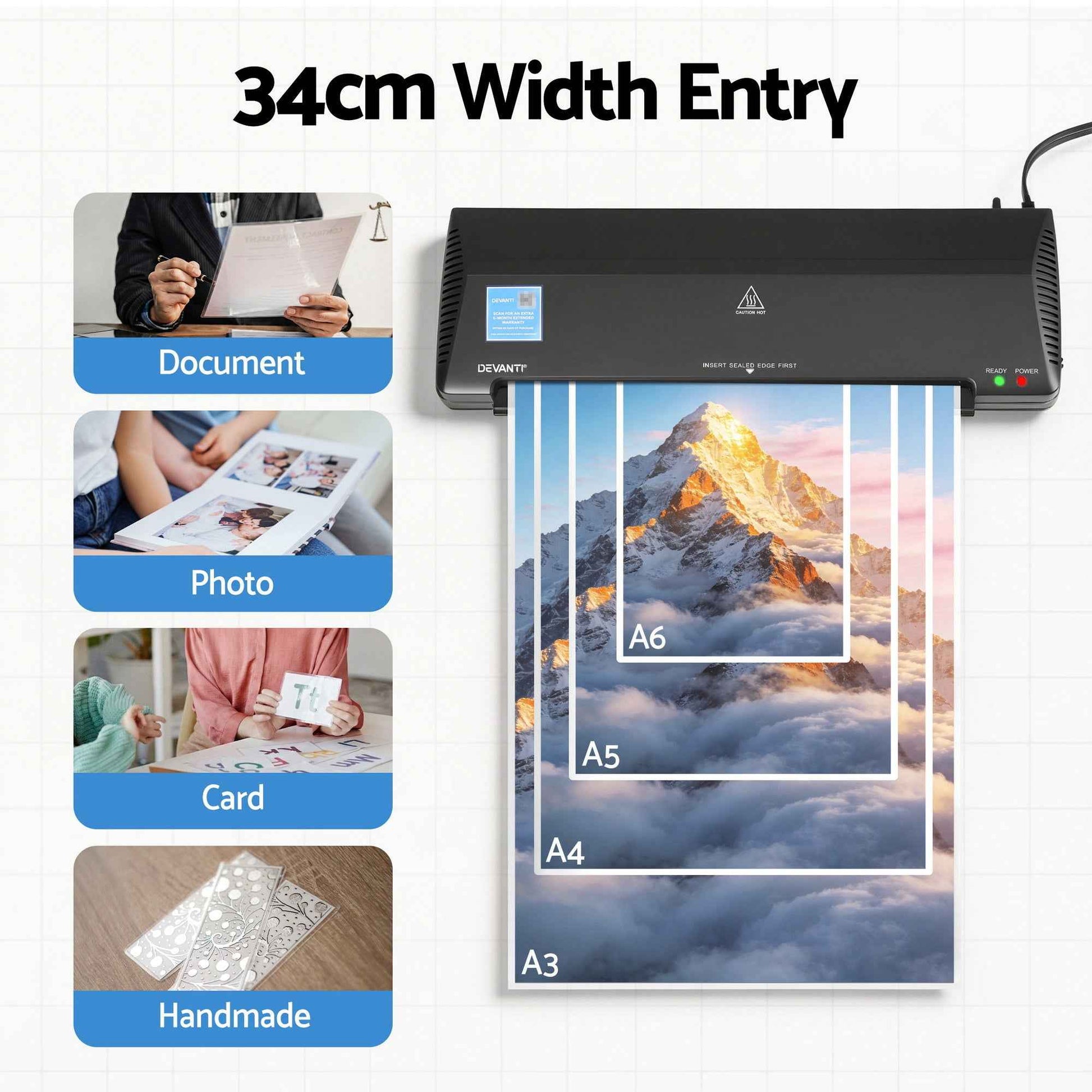 Devanti A3 Laminator Machine, Hot & Cold Thermal Fast Lamination Anti-Jam Laminator for Office School Home Document Photo Card Handmade A3 A4 A5 A6, Black