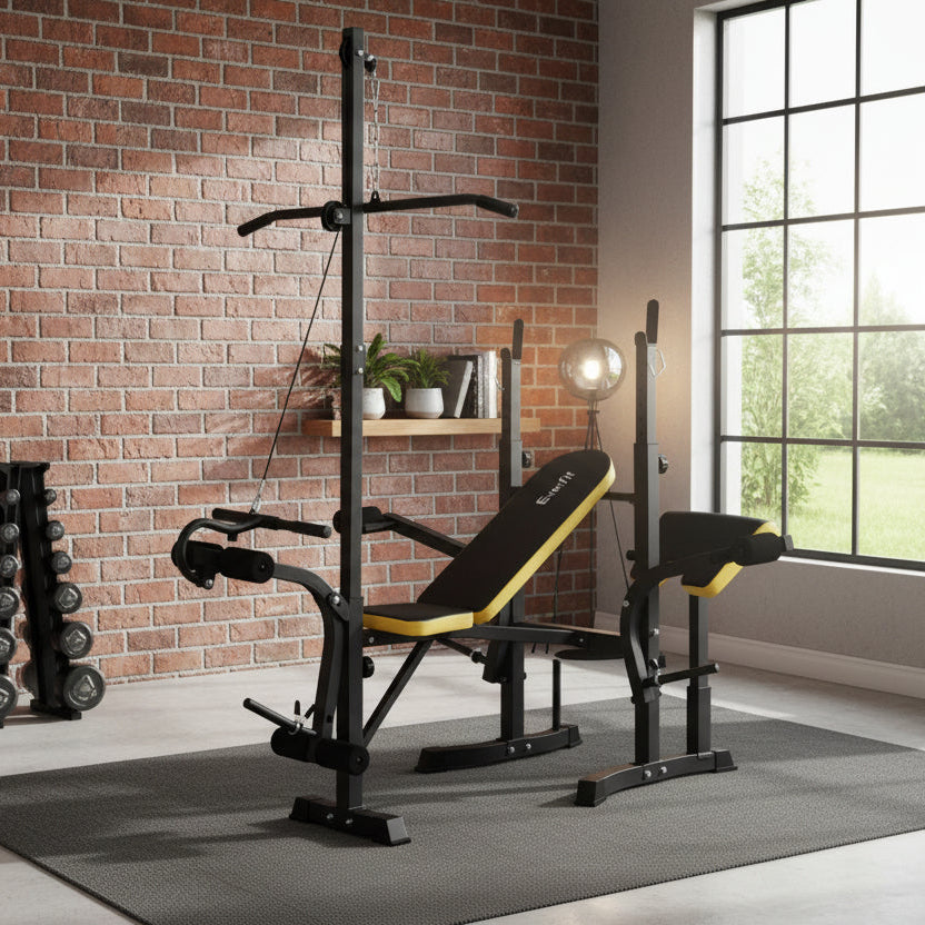 Black and yellow weight bench with squat rack on a white background