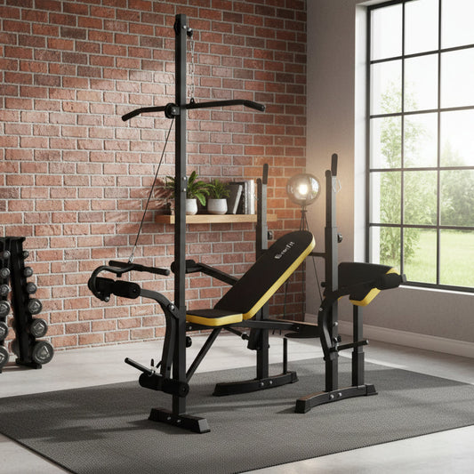 Black and yellow weight bench with squat rack on a white background