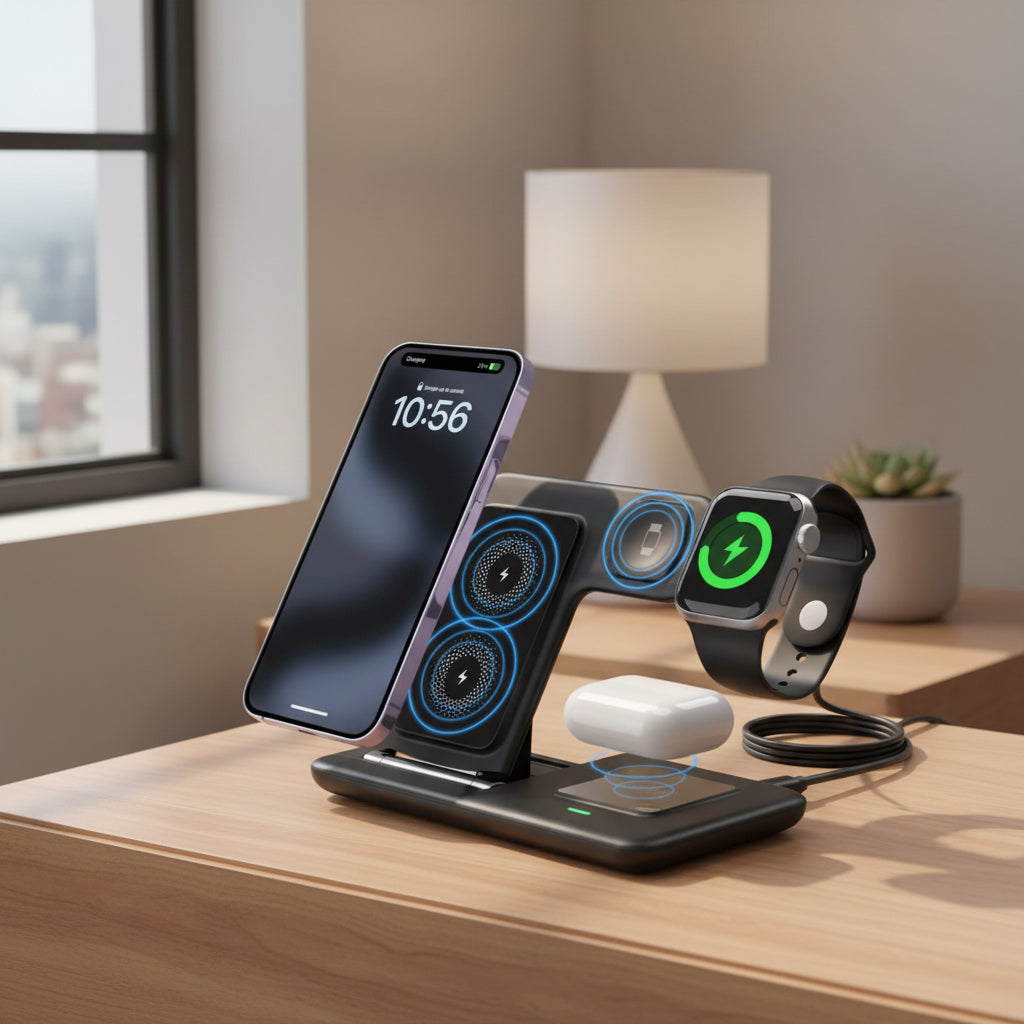 Multi-device wireless charging stand with smartphone, smartwatch, and earbuds on a white background