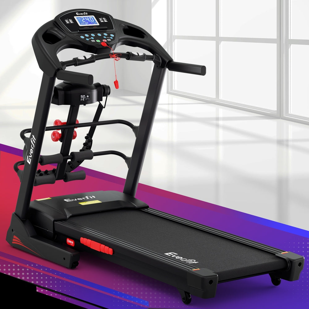 Treadmill with digital display on a white and purple gradient background