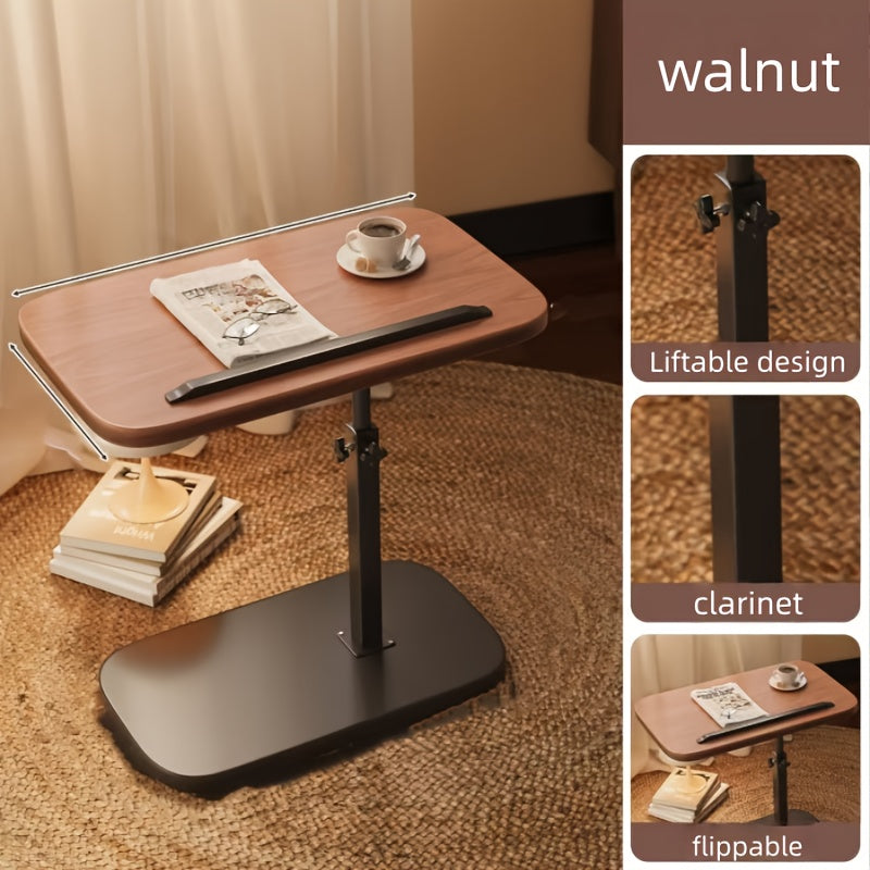 Wooden adjustable table with a laptop on a carpeted floor, showing features like liftable design and flippable nature.
