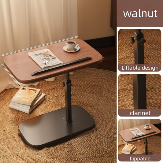 Wooden adjustable table with a laptop on a carpeted floor, showing features like liftable design and flippable nature.