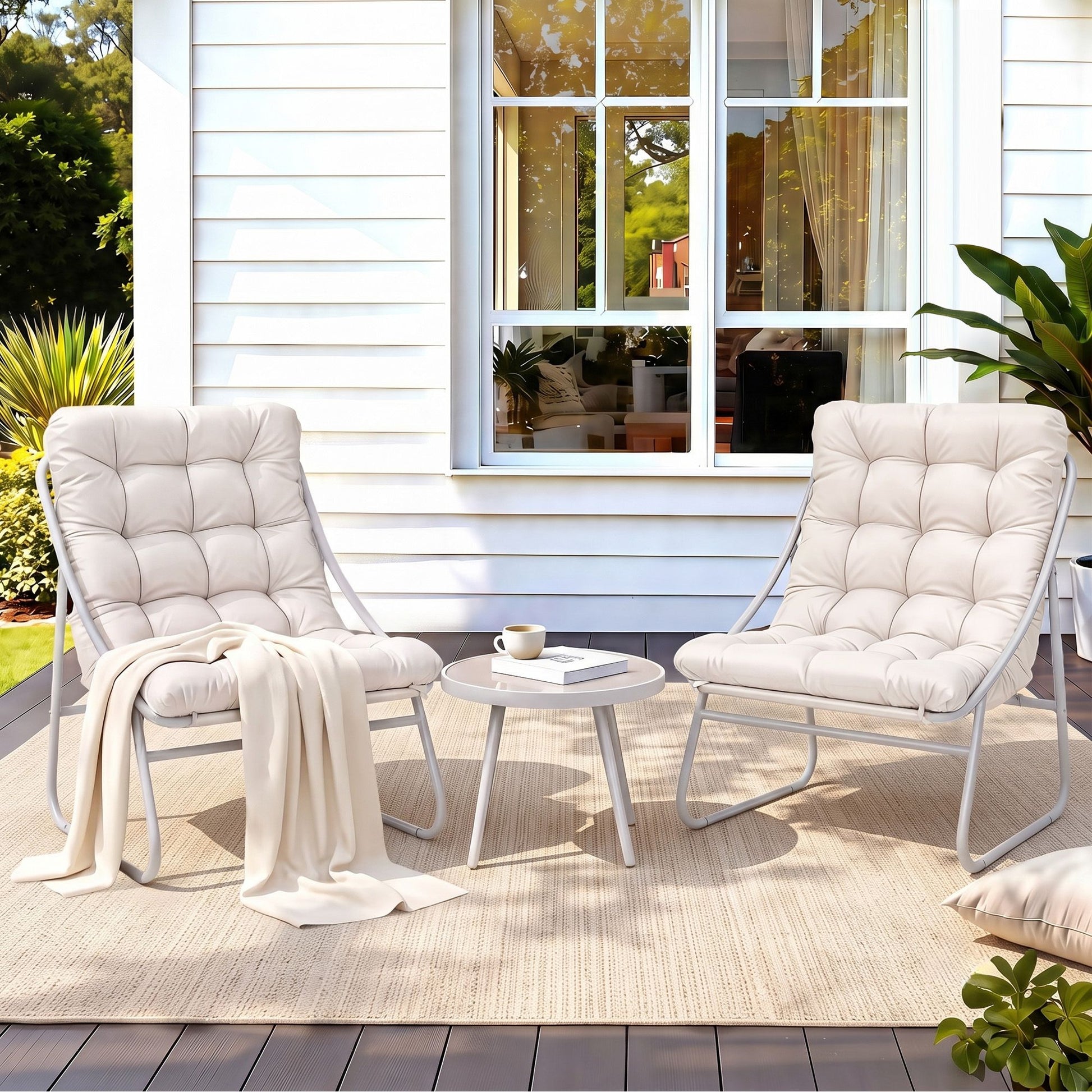 3-piece khaki outdoor bistro set with steel frame and glass table