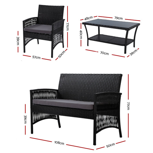 Gardeon 4 PCS Outdoor Furniture Lounge Setting Wicker Dining Set Black