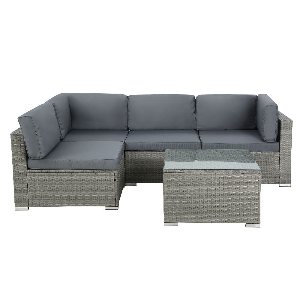 Grey PE wicker outdoor sofa with high-density foam cushions