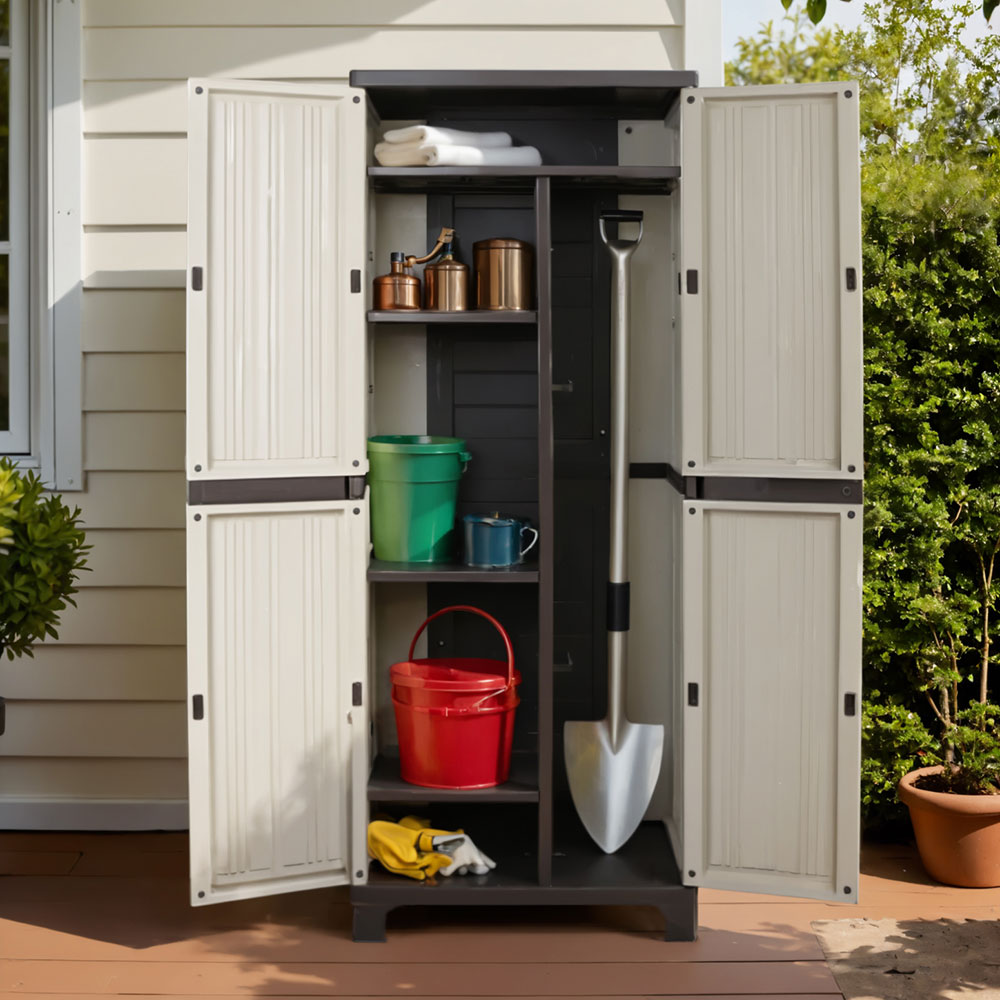 Outdoor lockable storage cabinet 173cm with adjustable shelves in grey PP