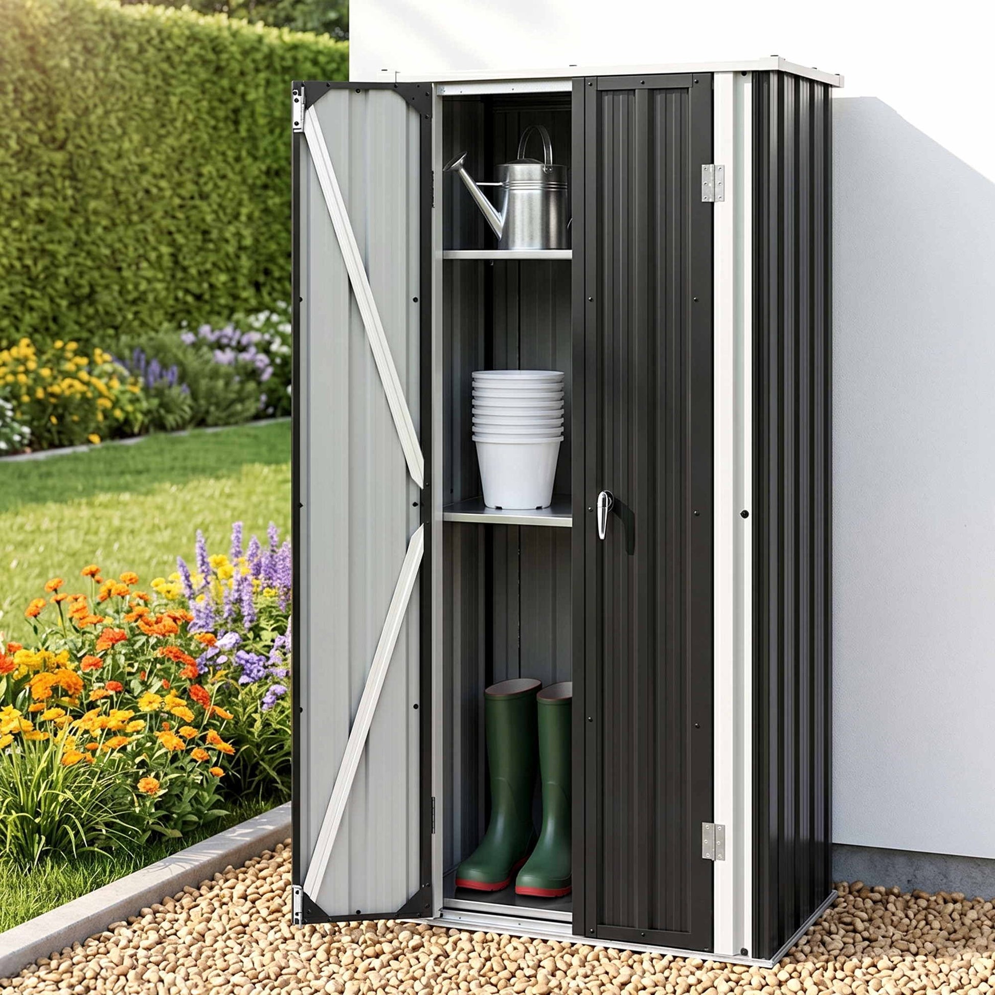 Black lockable galvanised steel outdoor storage cabinet with adjustable shelves
