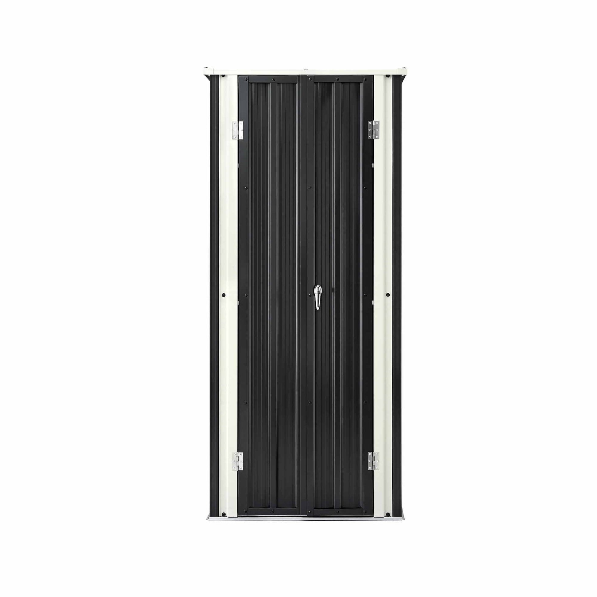 Galvanised steel cabinet storing long-handled garden tools