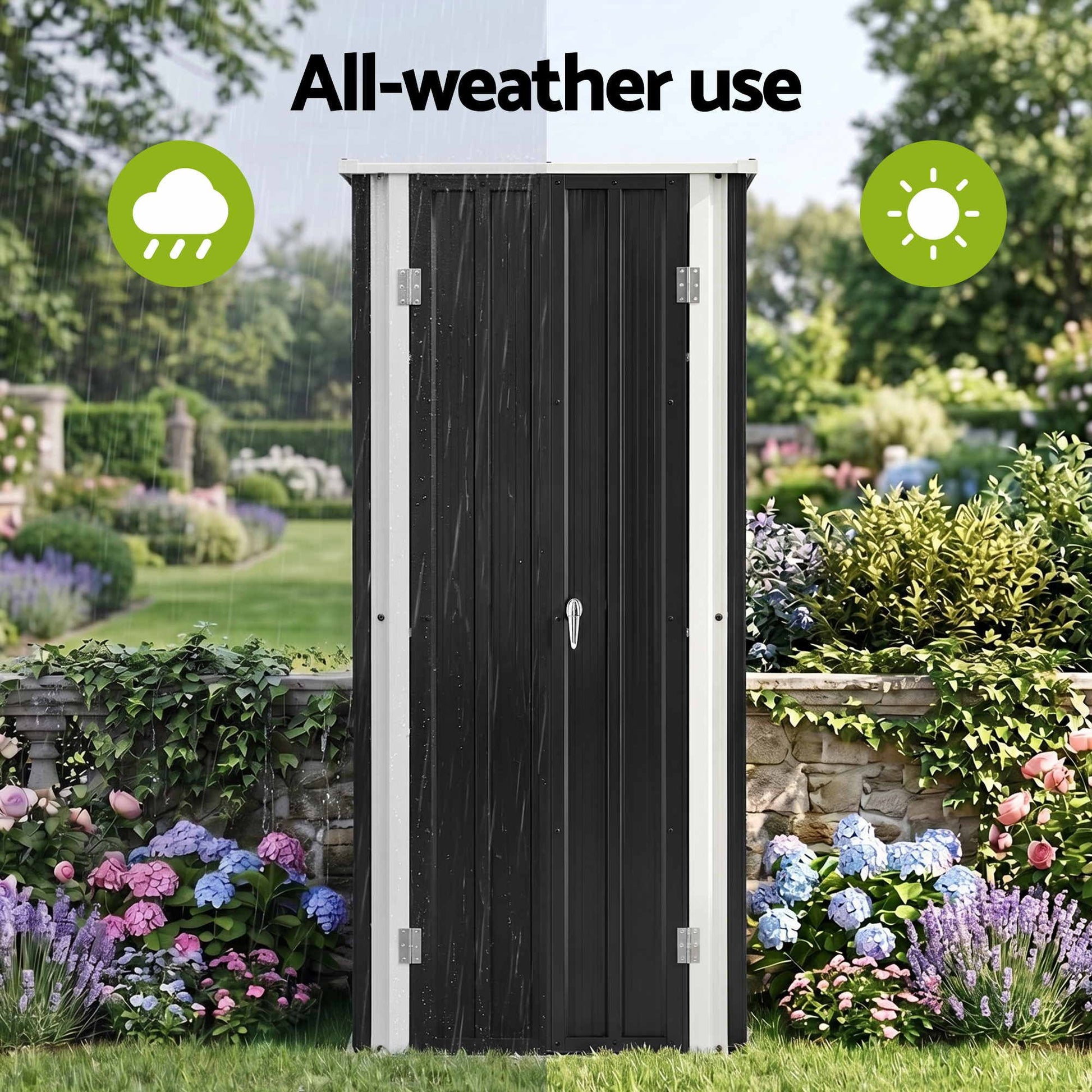 Black steel garden shed cabinet in a backyard setting