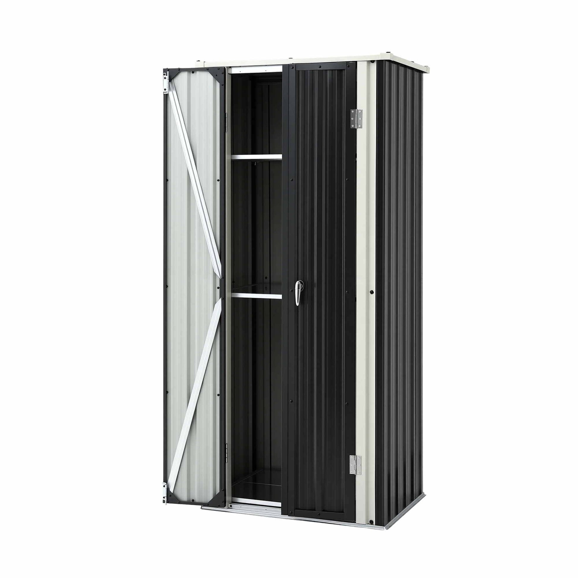 Outdoor storage cabinet with doors closed and locked