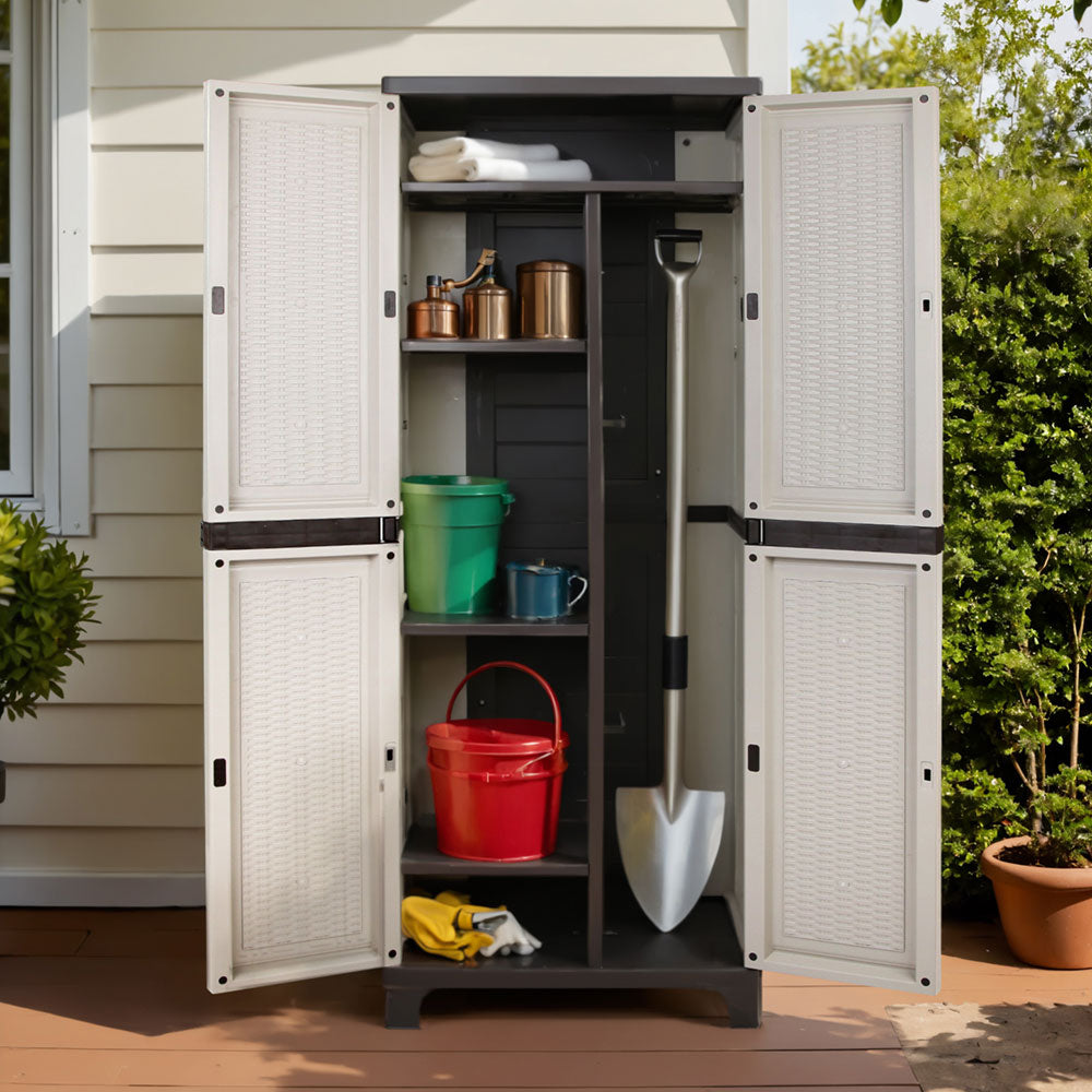 Outdoor storage cabinet with tools and supplies on a wooden deck
