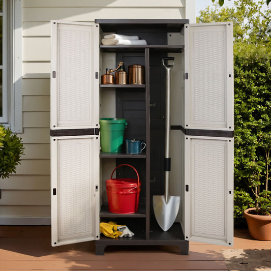 Outdoor storage cabinet with tools and supplies on a wooden deck