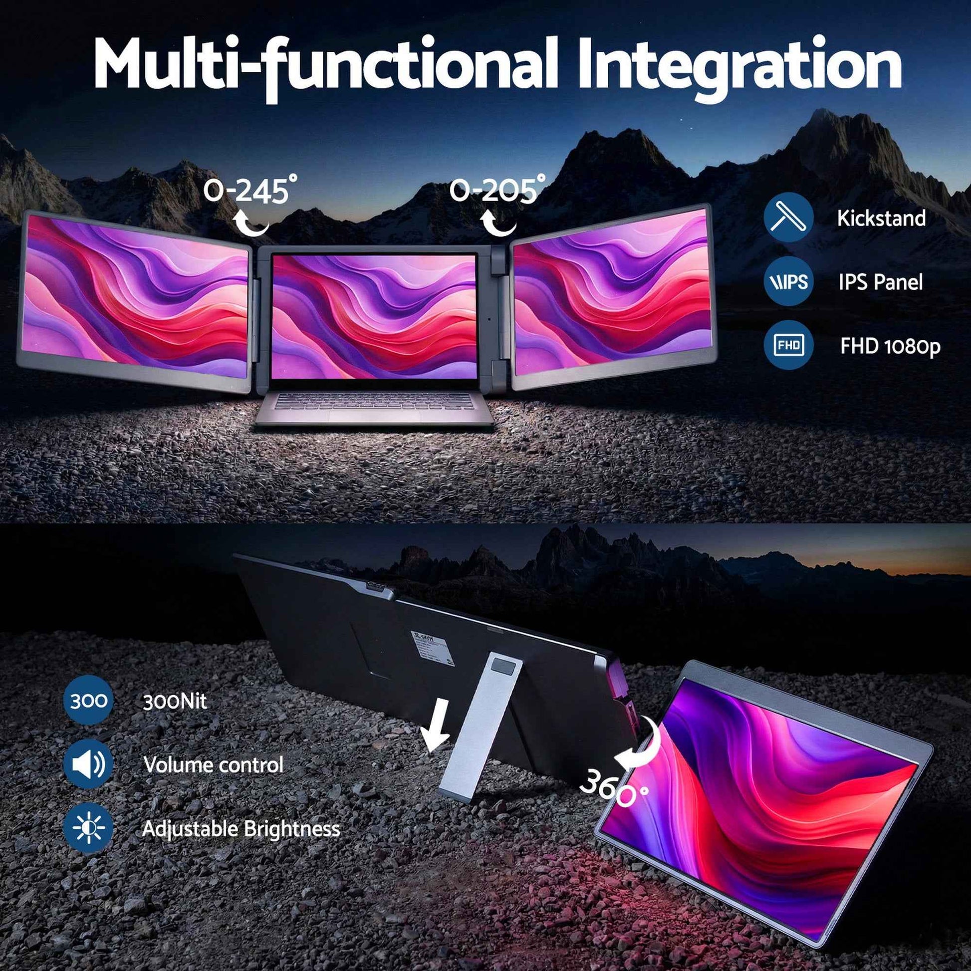 Devanti Triple Portable Monitor Laptop Screen Extender 15.6" Dual Display FHD IPS