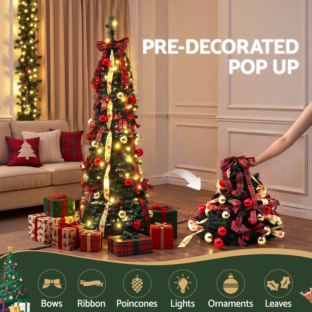 Pop-up tree decorated with baubles and ribbons