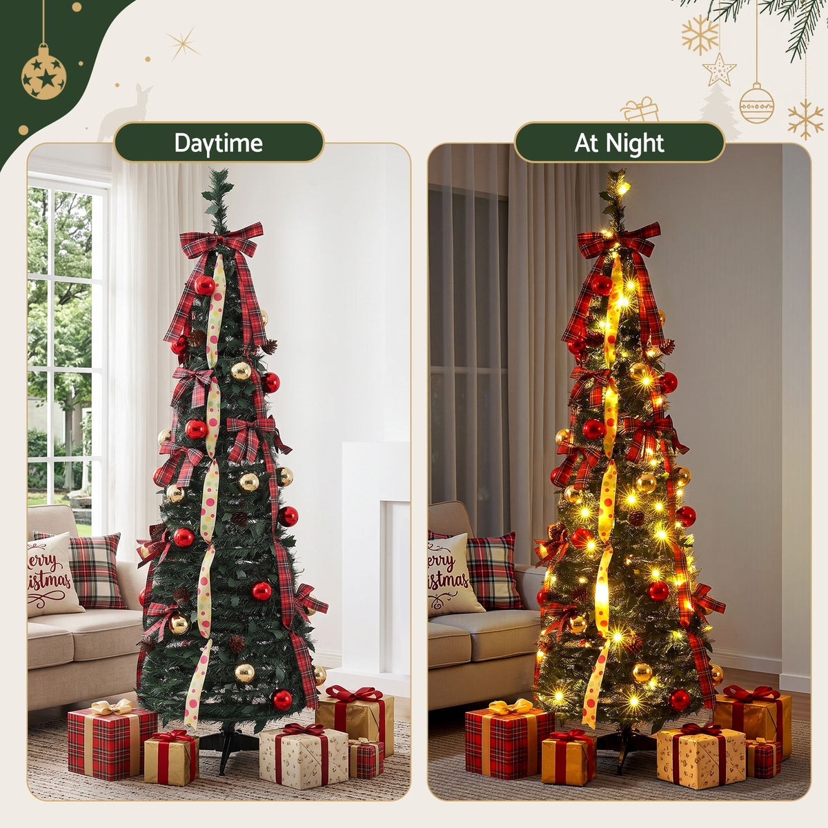 Red and gold baubles on the tree