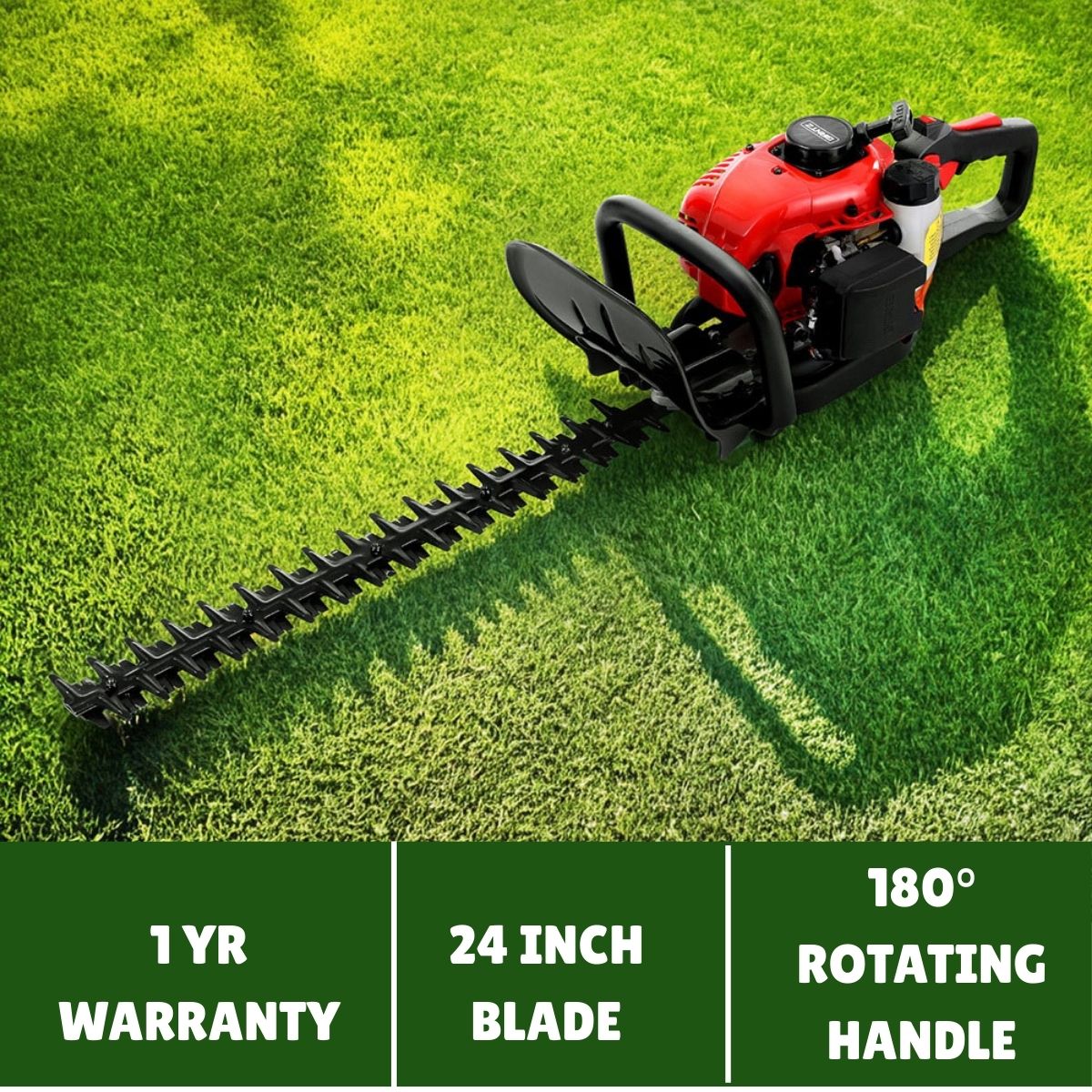 Hedge trimmer on grass with product features displayed