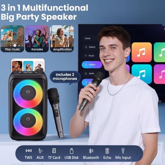 Multifunctional big party speaker with microphone and colorful display, featuring a boy holding a microphone.