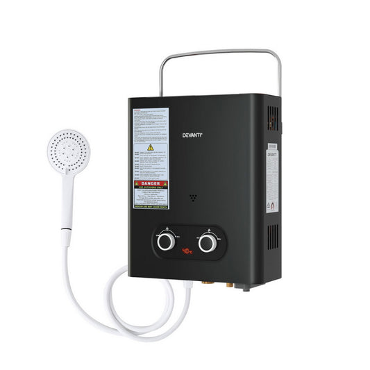 Portable black LPG gas water heater for outdoor showers