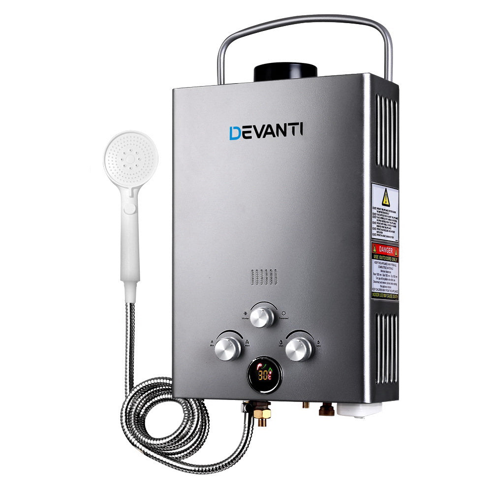 Portable grey LPG gas water heater with 12V pressure pump